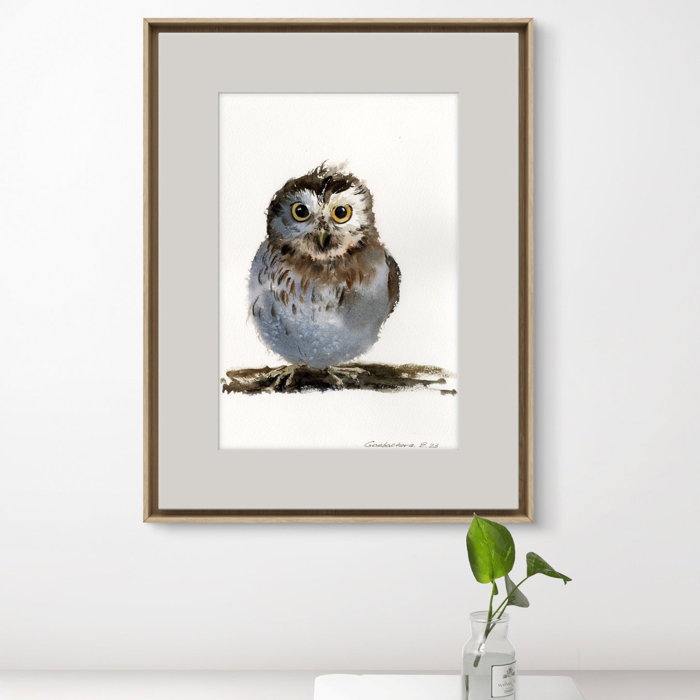 Little Owl Watercolor Painting, Little owl on a branch #17 8x12