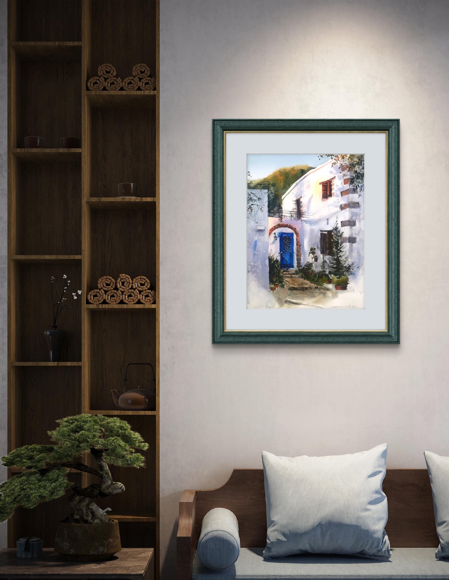Greek Coastal City Painting Original, Sunset Watercolor Artwork, Greece Coast Village, Greek Village Sunrise #3 12x16