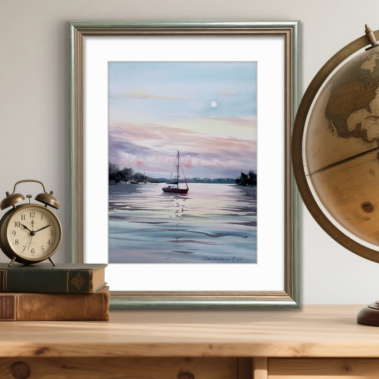 Sailboat Painting Original, Watercolour Seascape - Yacht and Pink Dawn #2