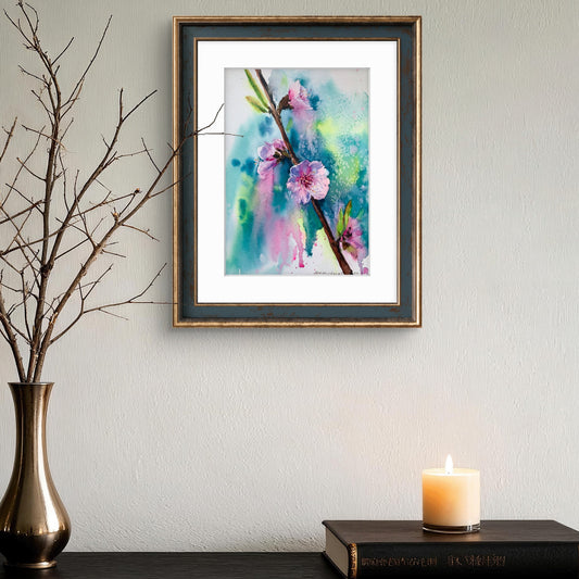 Flowers Painting, Watercolor Original Artwork, Blooming Pink Flower Tree, Almond Flowers #3, 9x12