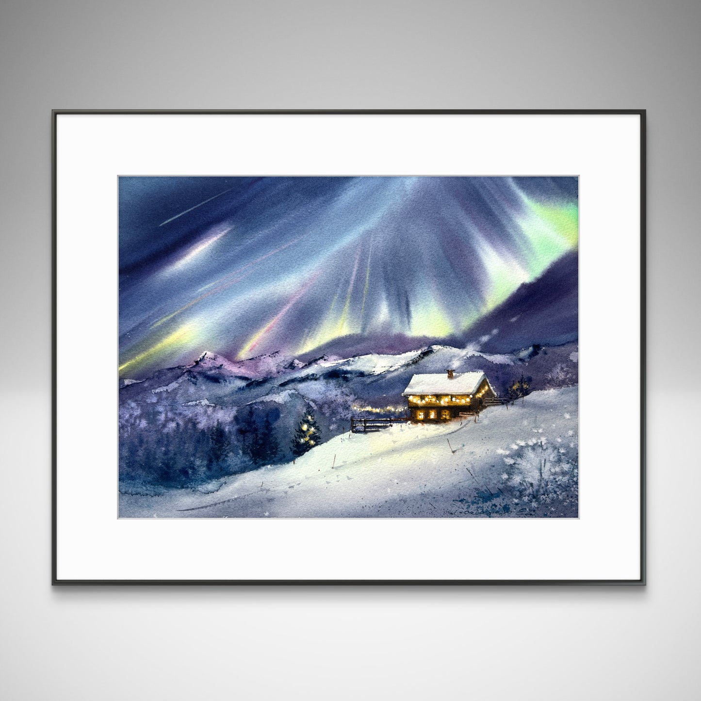 Christmas Story #3- Watercolor Painting - House in Mountains & Northern Lights - 11x15 in