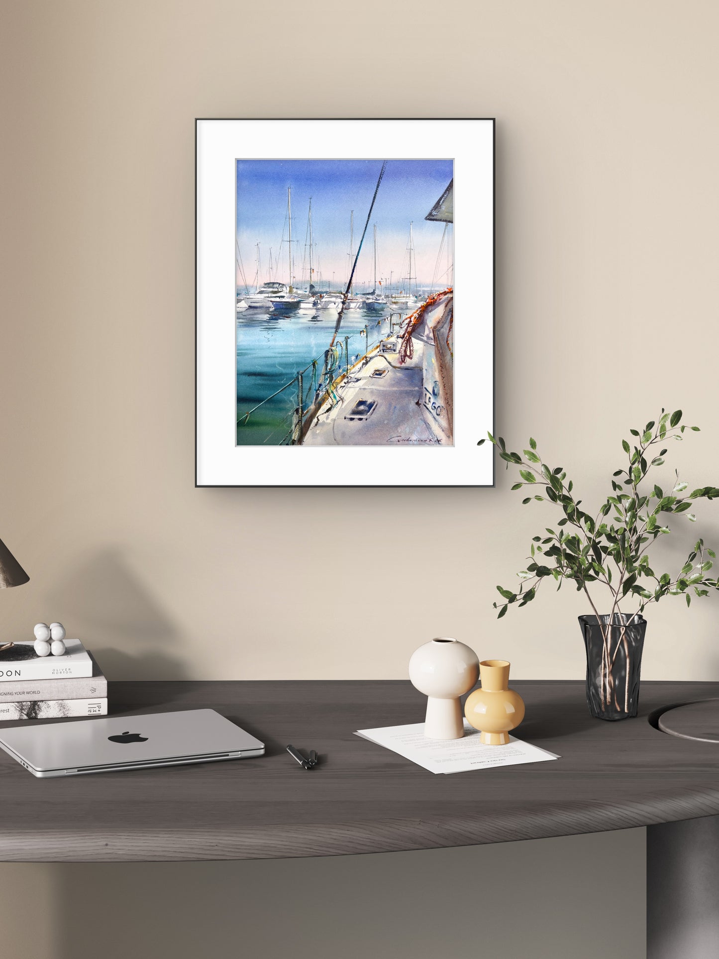 Original Watercolor Sailboat Art, Turquoise Harbor Painting, Still Waters of Spain 12x16