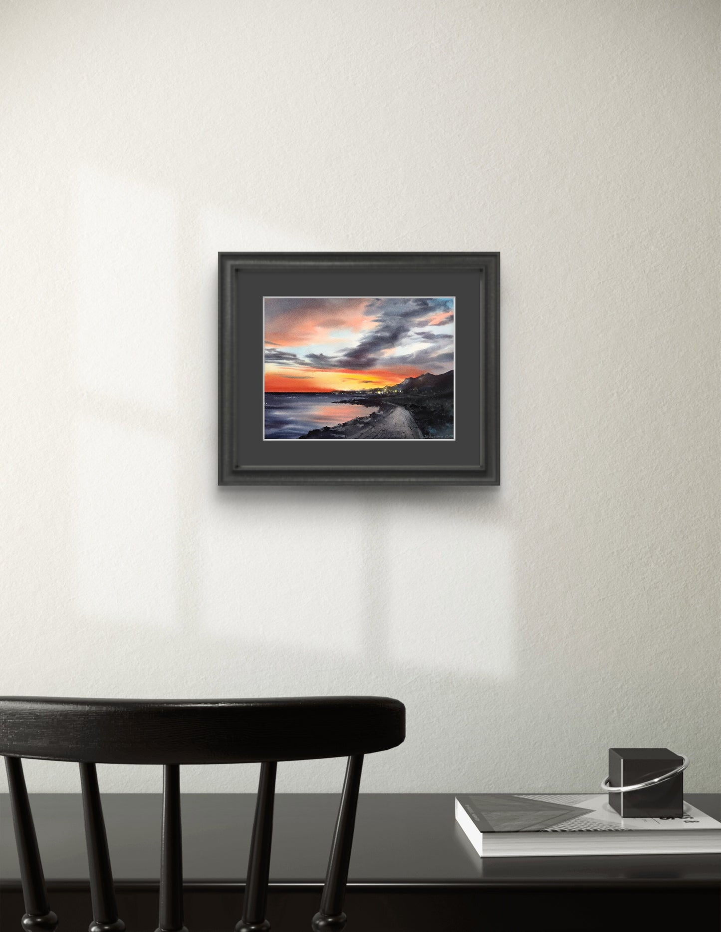 Coastal Sunset Painting, Sea Beach Watercolor Original Art, Landscape Wall Art, Sky, Nature, Orange Grey, Gift For Mom