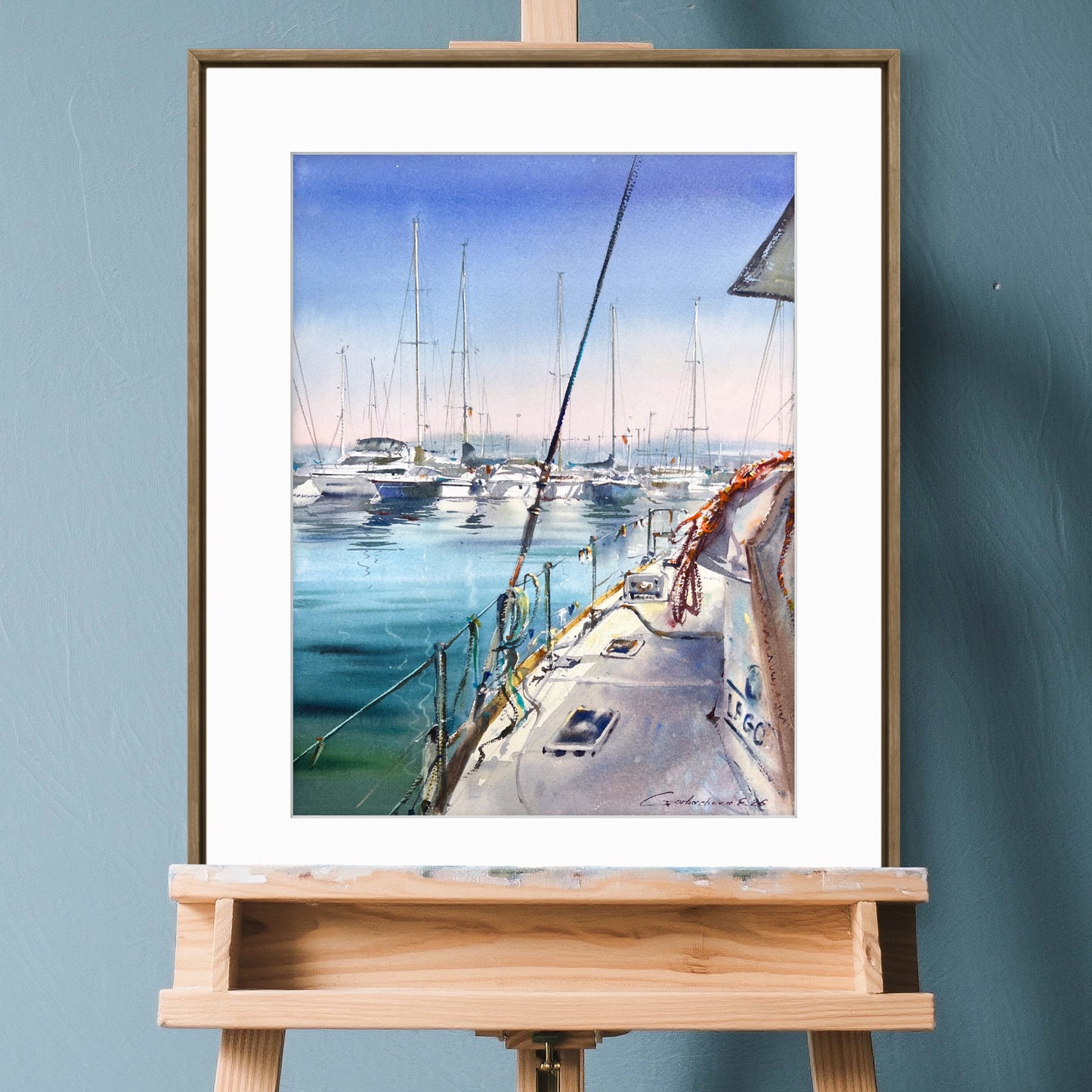 Original Watercolor Sailboat Art, Turquoise Harbor Painting, Still Waters of Spain 12x16