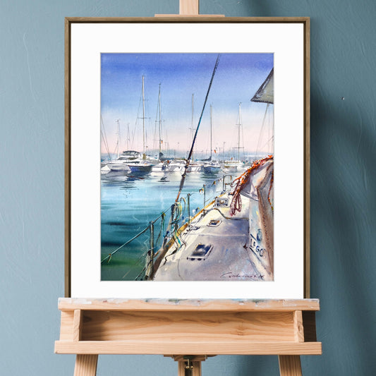 Original Watercolor Sailboat Art, Turquoise Harbor Painting, Still Waters of Spain 12x16
