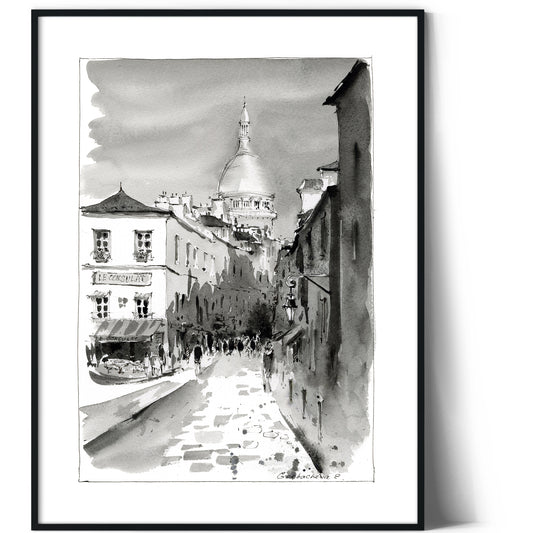 Paris Scene Art Print, Black and White Sacre Coeur View, Elegant Home Decor, Thoughtful Wedding Gift