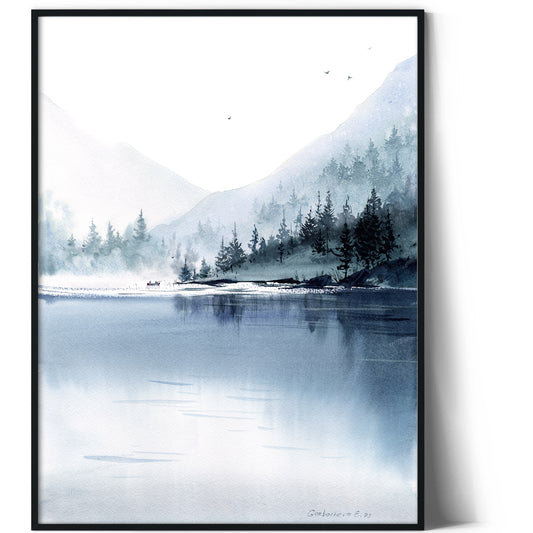 Mountain Print, Misty Mountains Watercolor Art, Monochrome Pine Forest & Lake, Wall Decor for Nature Lovers, Housewarming Gift