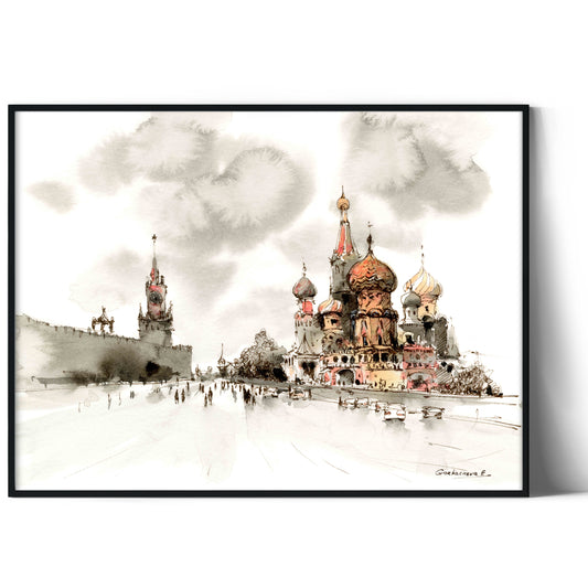 Moscow Art Print of Red Square & St. Basil’s Cathedral in Gray-Red-Orange