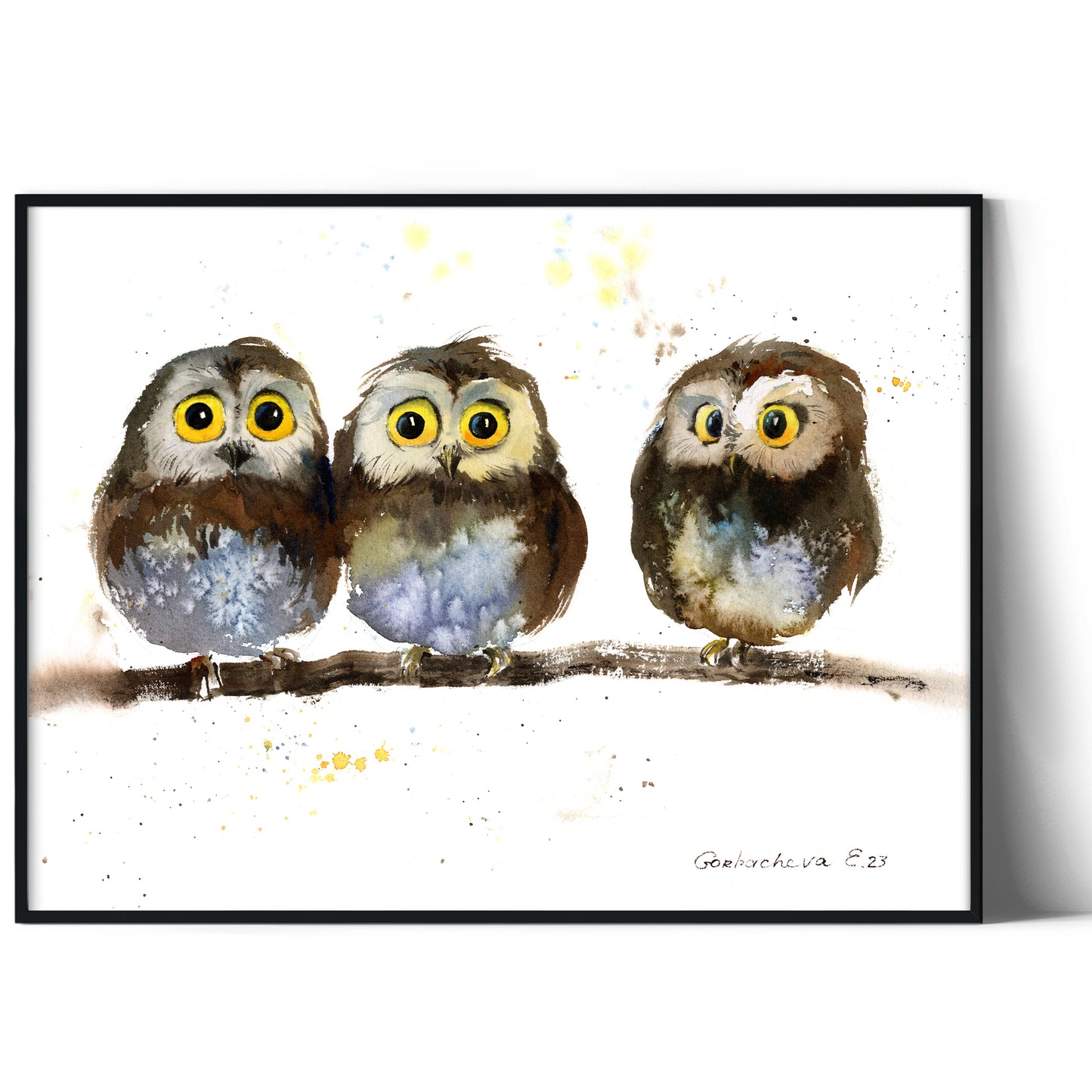 Whimsical Owl Trio Art Print - Colorful Watercolor Painting