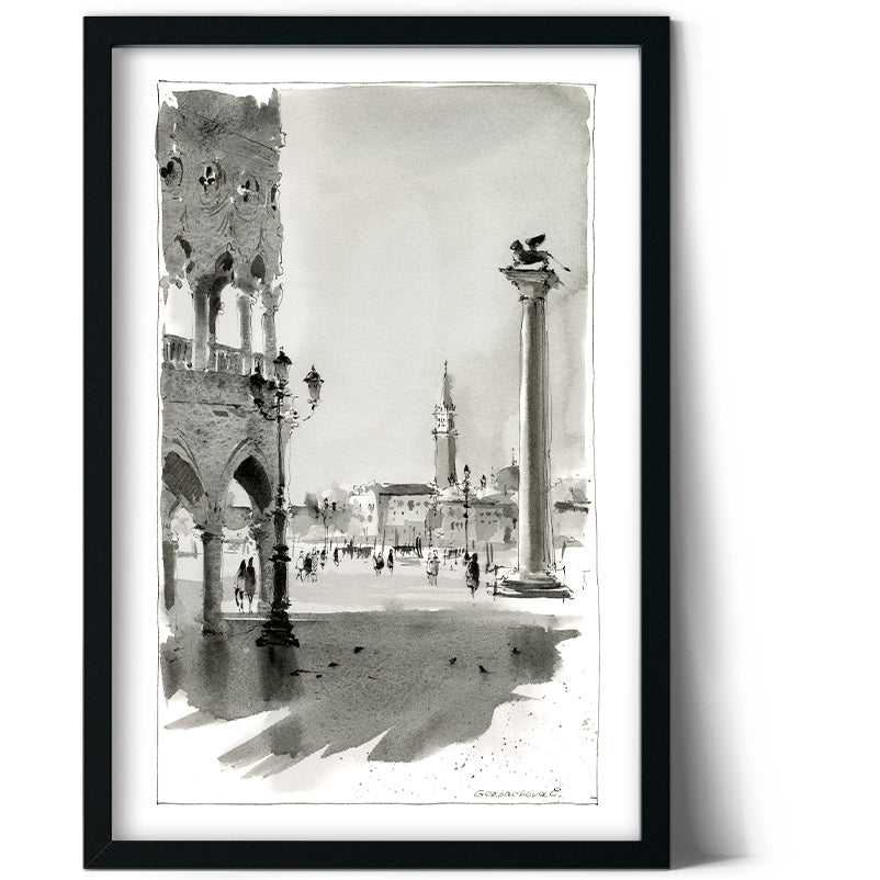 Chic Set of 2 Black & White Watercolor Prints - Piazza San Marco & Prague