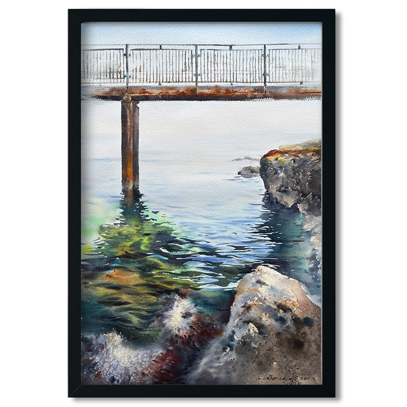 Sea Bridge Painting, Marine Watercolor Original Artwork, Cyprus Seascape, Landscape Wall Art, Unique Art
