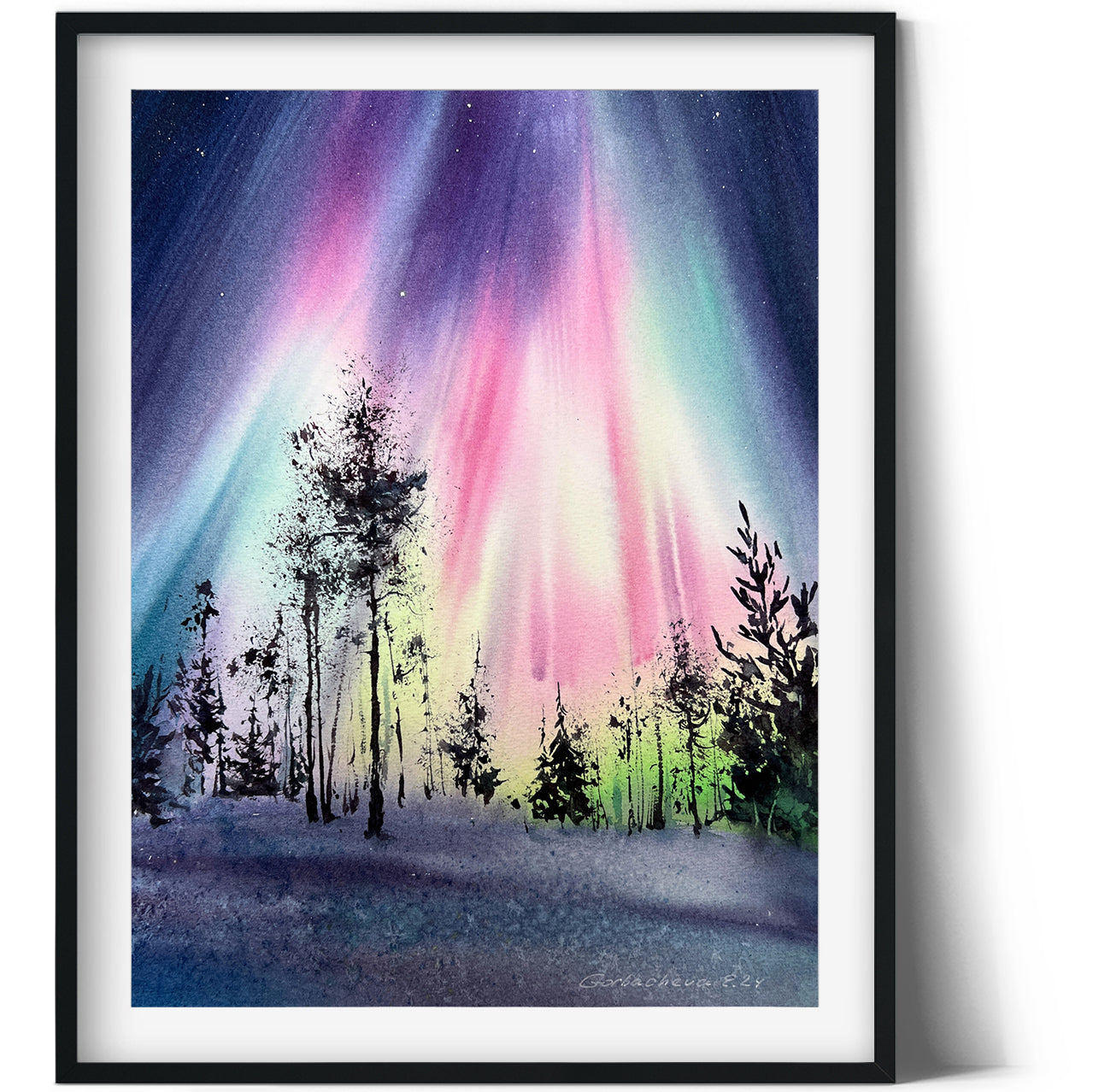 Scandinavian Landscape Watercolor Original Painting - Stunning "Northern Lights #53"