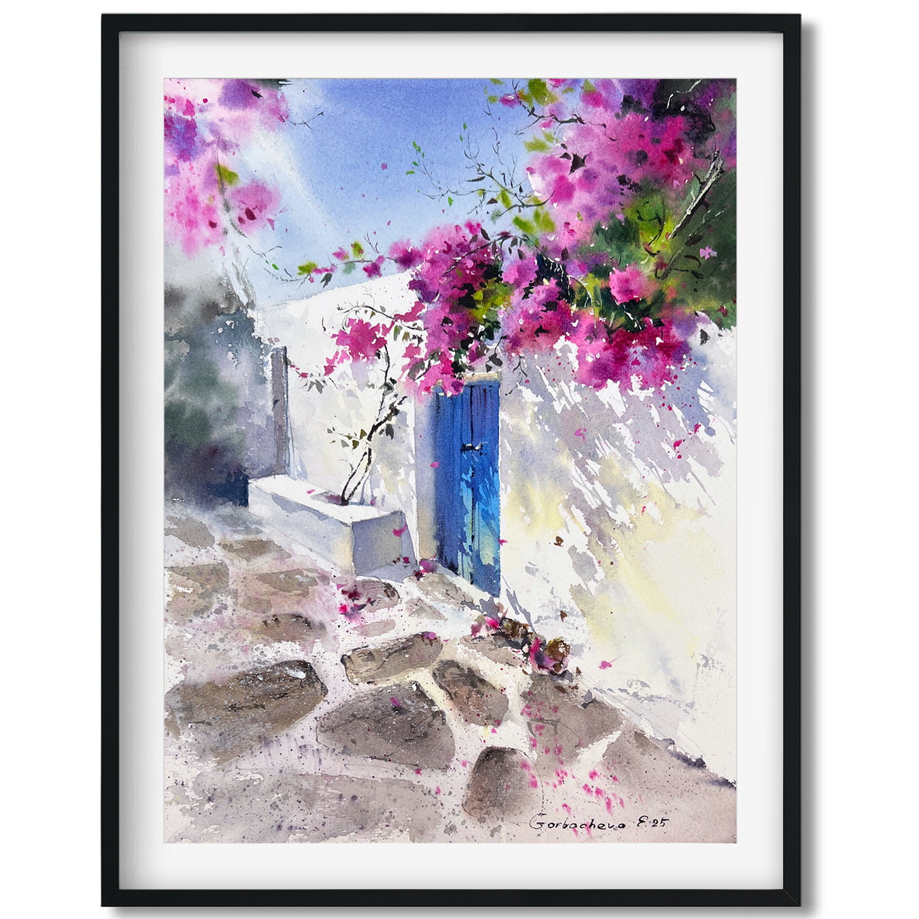 Original Watercolor Painting - Bougainvillea Door - Mediterranean Townscape