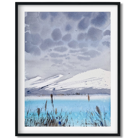 Small Painting "Blue Lake in the Mountains" - 9x12 Modern Art Watercolor, Gray-Blue Mountain Landscape, Perfect for Home Decor