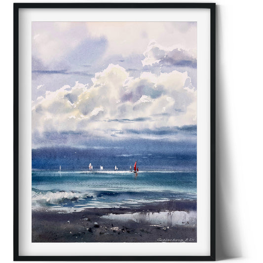 Coastal Dream: Kingdom of the Clouds #2 - Watercolor Artwork of Clouds and Yachts
