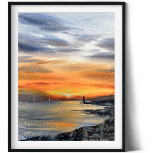 Lighthouse at Sunset #2 Watercolor Painting - Nautical Wall Art