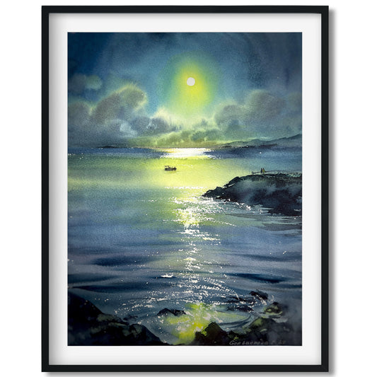 Coastal Yacht Painting Watercolor Original - In the moonlight #9