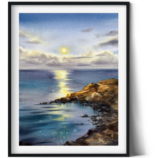 "Full Moon #4" Original Watercolor, Night Sea Art for Nautical Decor Enthusiasts, Hand-Painted Seascape, Maritime Collector Gift