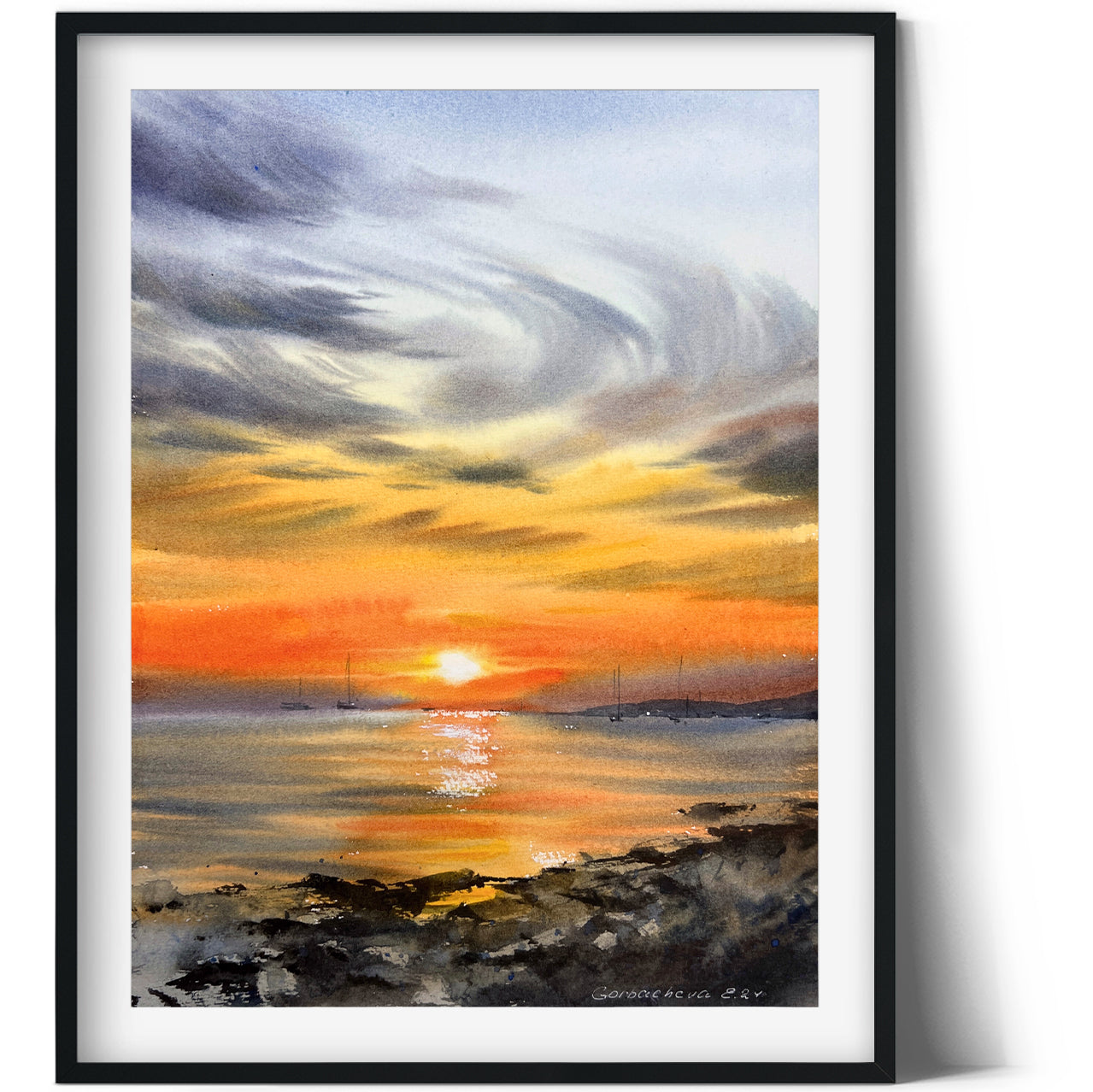 Seaside Sunset Watercolor Art | Orange Sunset #27 | Nautical Yachts 9x12 in