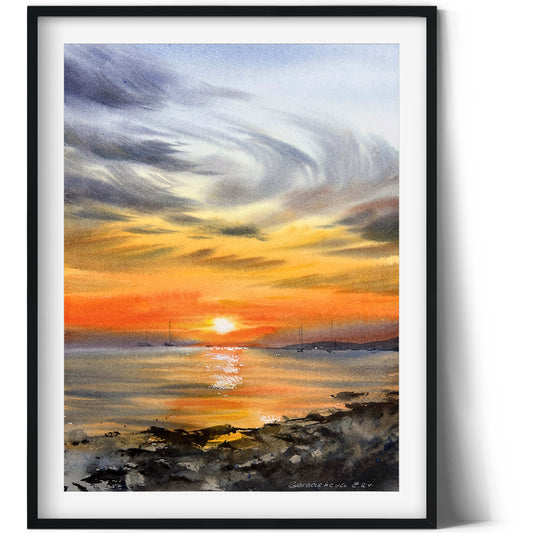 Seaside Sunset Watercolor Art | Orange Sunset #27 | Nautical Yachts 9x12 in