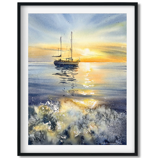 Yacht in the Sea at Sunset Watercolor Painting | Original Artwork