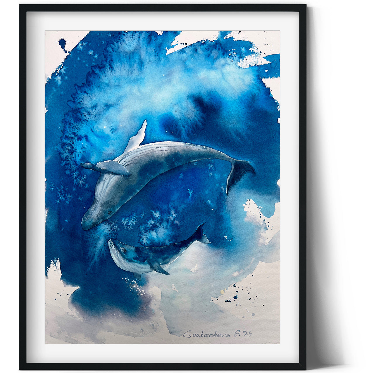 Ocean Life Art: Small Watercolor Painting 'Whales' 9x12 inches