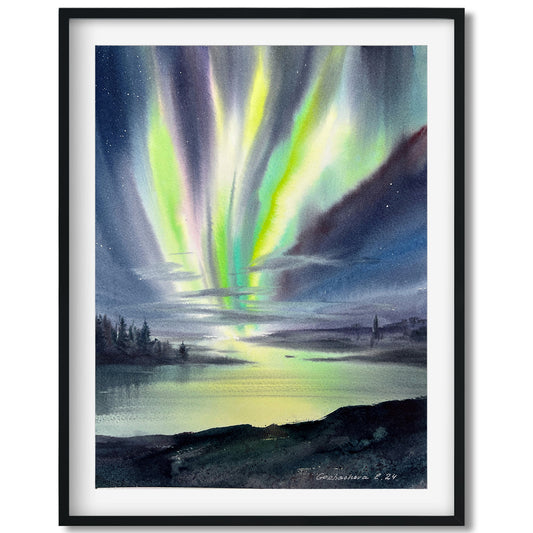 Small Painting Original Watercolor, Starry Night Sky Art - Northern lights #44