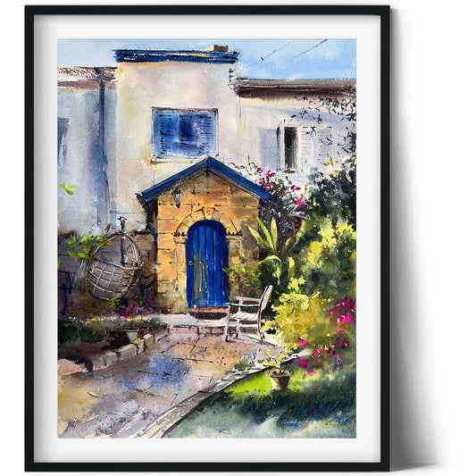 Original Watercolor Art: Girne Center, Northern Cyprus #3 with Charming Mediterranean Architecture - 12x16 inches