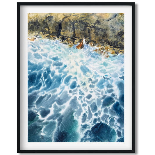 Painting, Watercolor Original Artwork - Waves and rocks #5