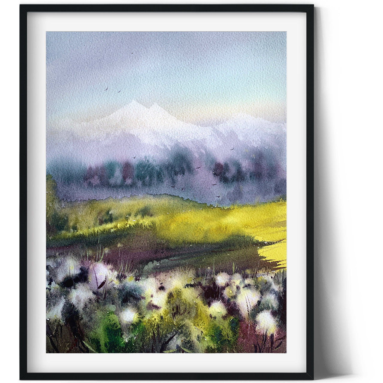 Cotton Field Painting Watercolor Original, Abstract Mountain Landscape, Green Mountains, Modern Art Decor