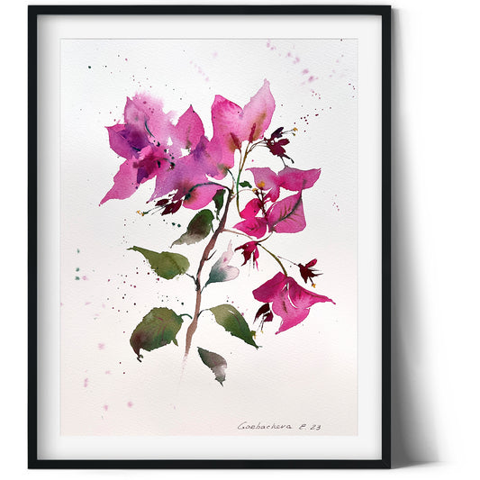Bougainvillea Painting Original, Watercolor Flower Artwork, Pink Flowers, Botanical Wall Art, Gift, Living Room Decor