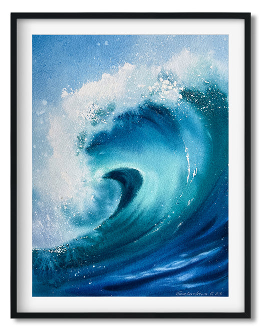 Ocean Blue Waves Small Painting, Watercolor Original, Sea Wave, Beach Art Decor, Coastal Wall Art, Gift, Seascape