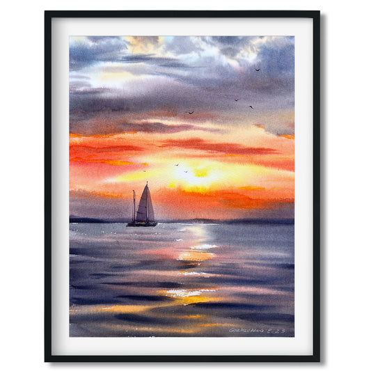 Watercolor Sailboat Painting Original, Sea Art, Coastal Sunrise, Yacht Bedroom Wall Decor, Gift For Him, Orange, Blue