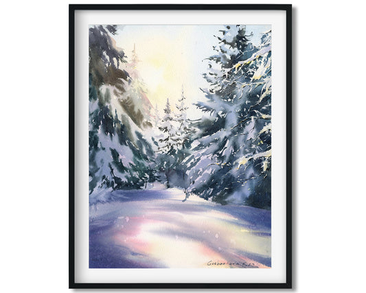 Winter Forest Small Painting, Christmas Tree Watercolor Original Art, New Year Gift & Art Decor, Snowy Landscape