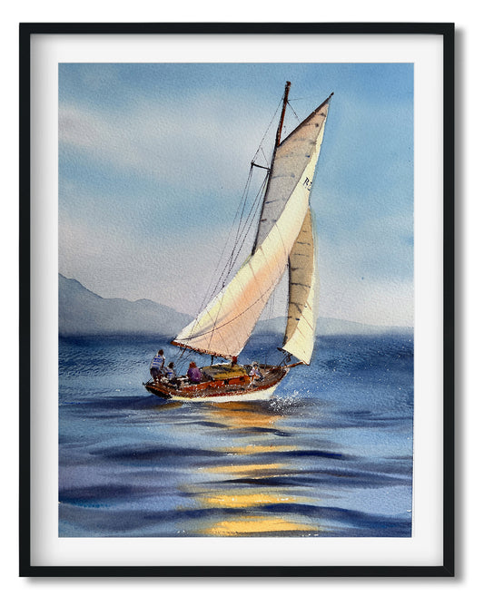 Sailboat Painting Original, Watercolor Lake, Coastal Art Decor, Sailing Hand-painted Artwork by Eugenia Gorbacheva