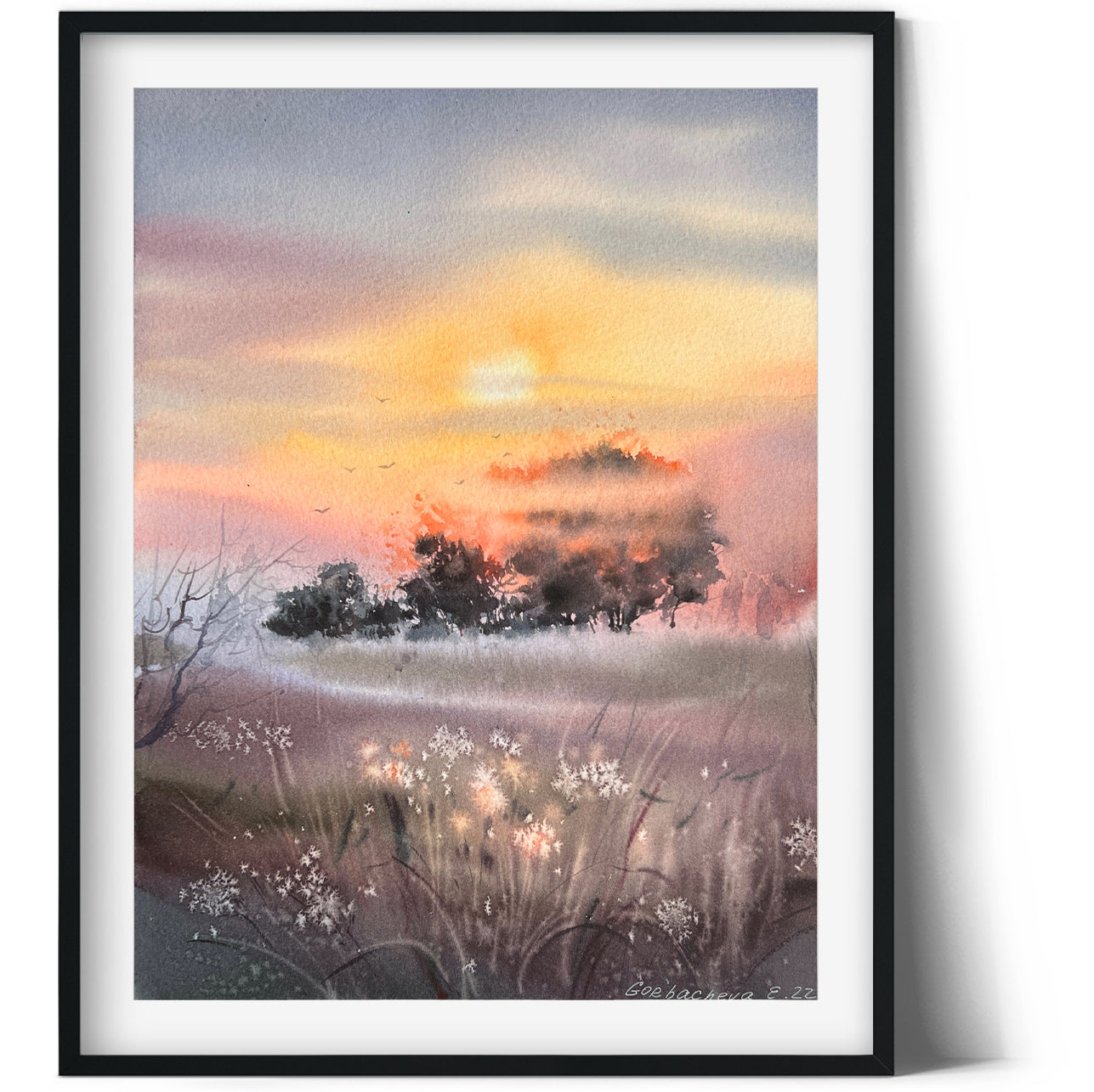Fog Morning Painting, Watercolor Original Artwork - Orange sunset #21
