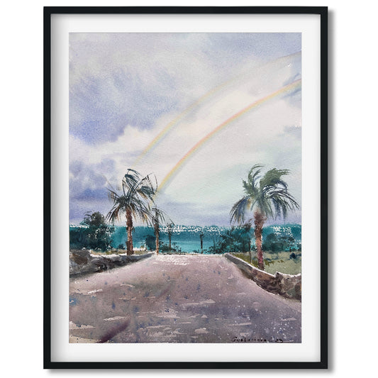 Palm Beach Painting Original, Small Watercolor Artwork, Coastal Art, Sea House Living Room Wall Decor, Gift, Rainbow