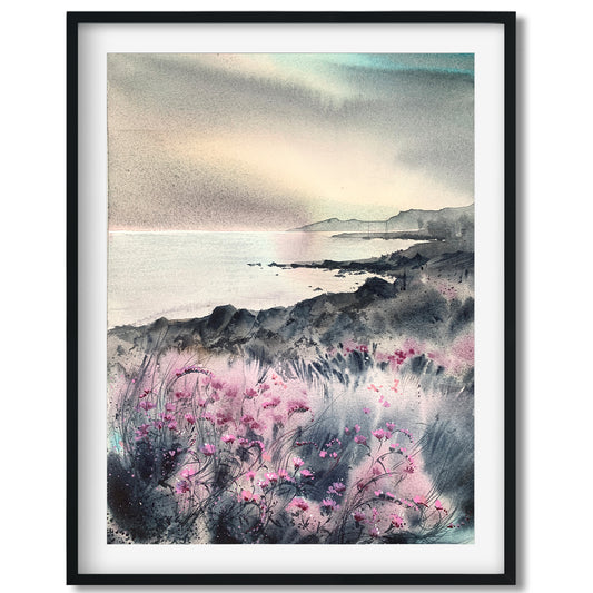 Wildflower Coast Painting Watercolour Original, Modern Beach Wall Decor, Seascape Art, Christmas Gift, Pink Gray Flowers