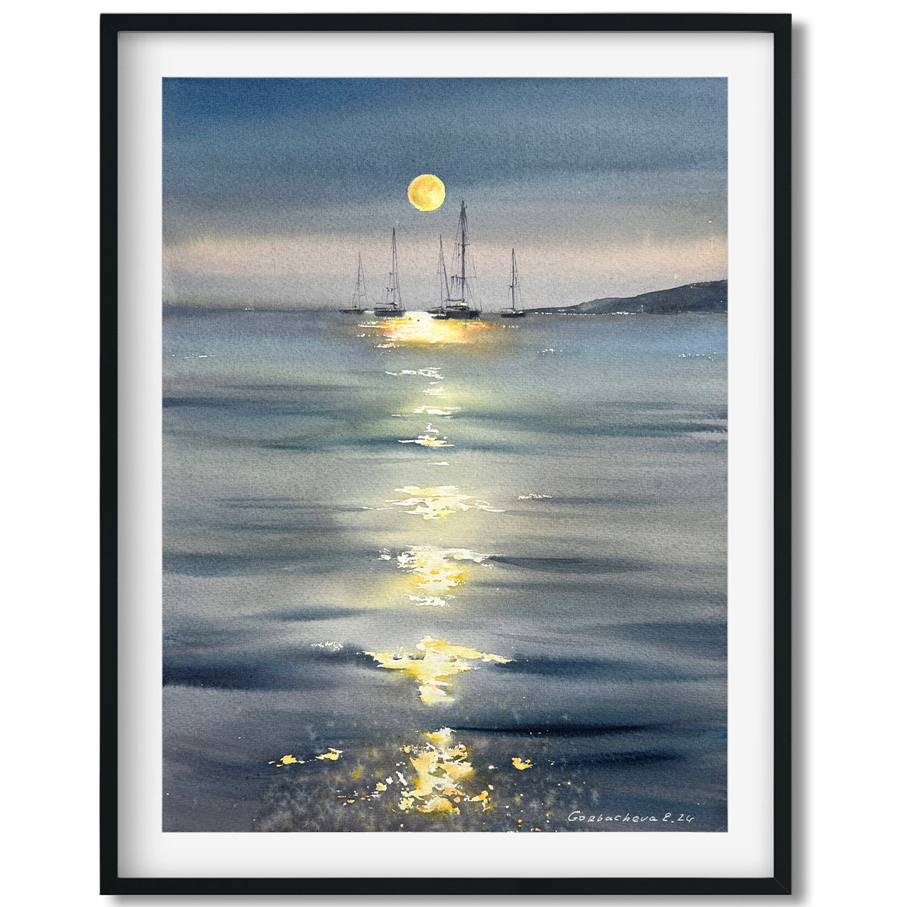 Yacht Painting Original, Small Watercolor Artwork - In the moonlight #5