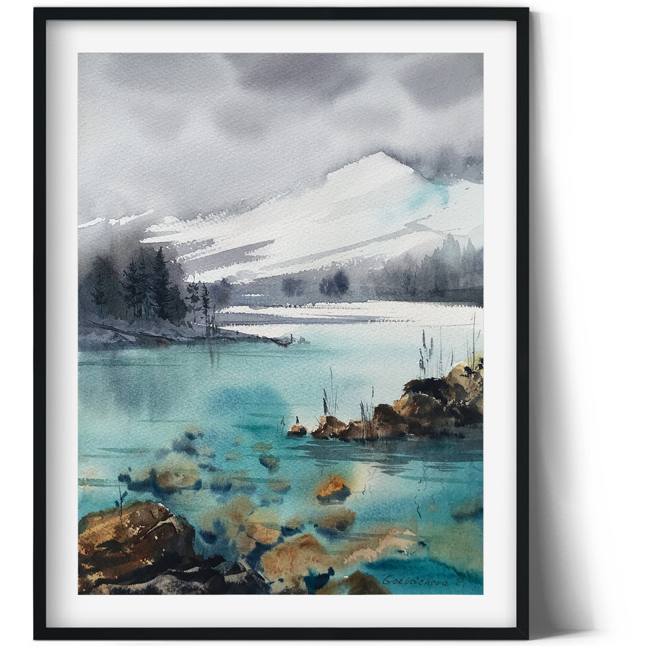 Abstract Watercolor Mountain Painting Original, Landscape Artwork, Mountains With Turquoise Lake, Nature Wall Decor