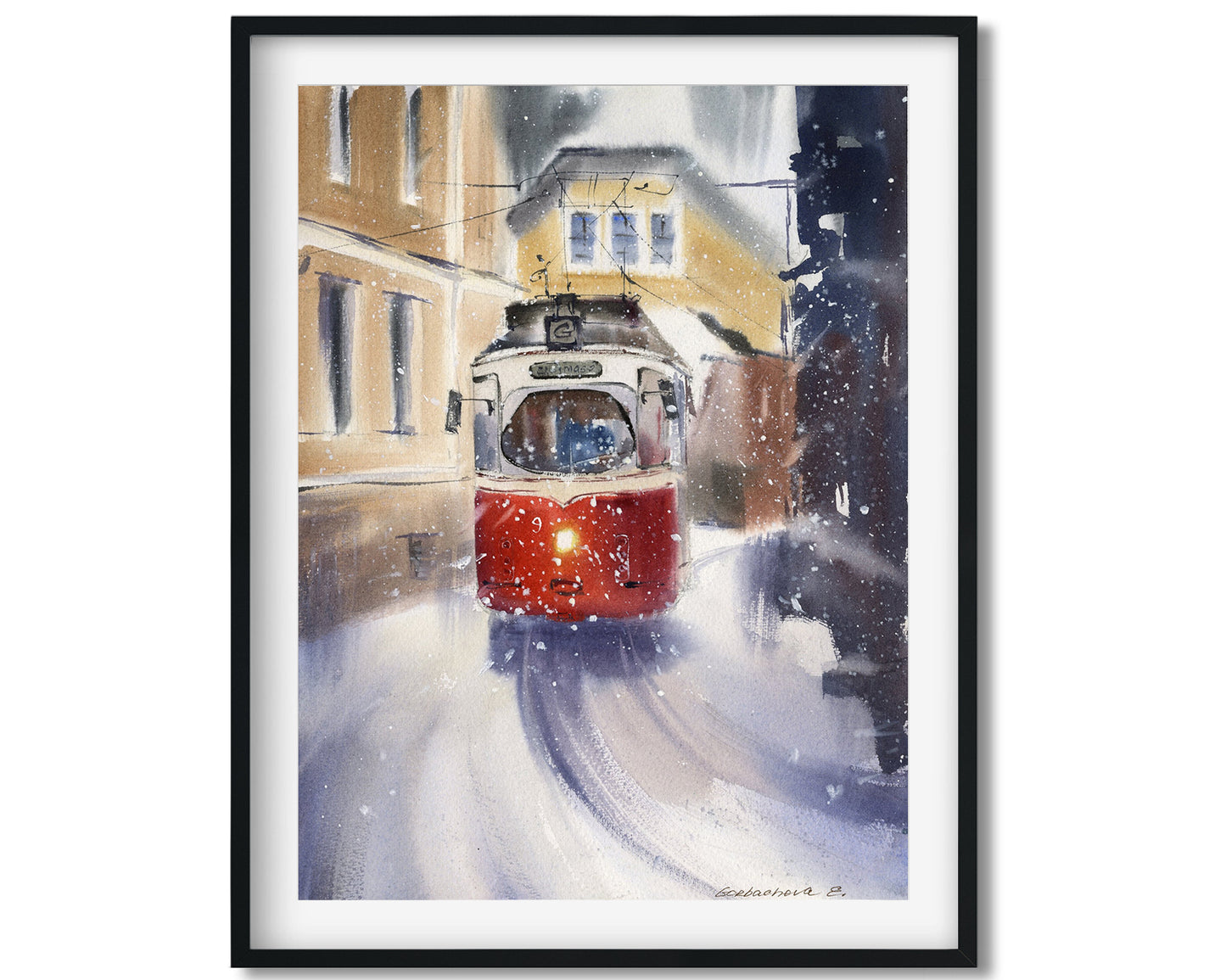 Tram Painting, Small Watercolor Original, Winter Cityscape, Snowy Prague City, Happy New Year Gift