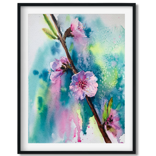 Flowers Painting, Watercolor Original Artwork, Blooming Pink Flower Tree, Botanical Wall Art, Gift, Living Room Decor
