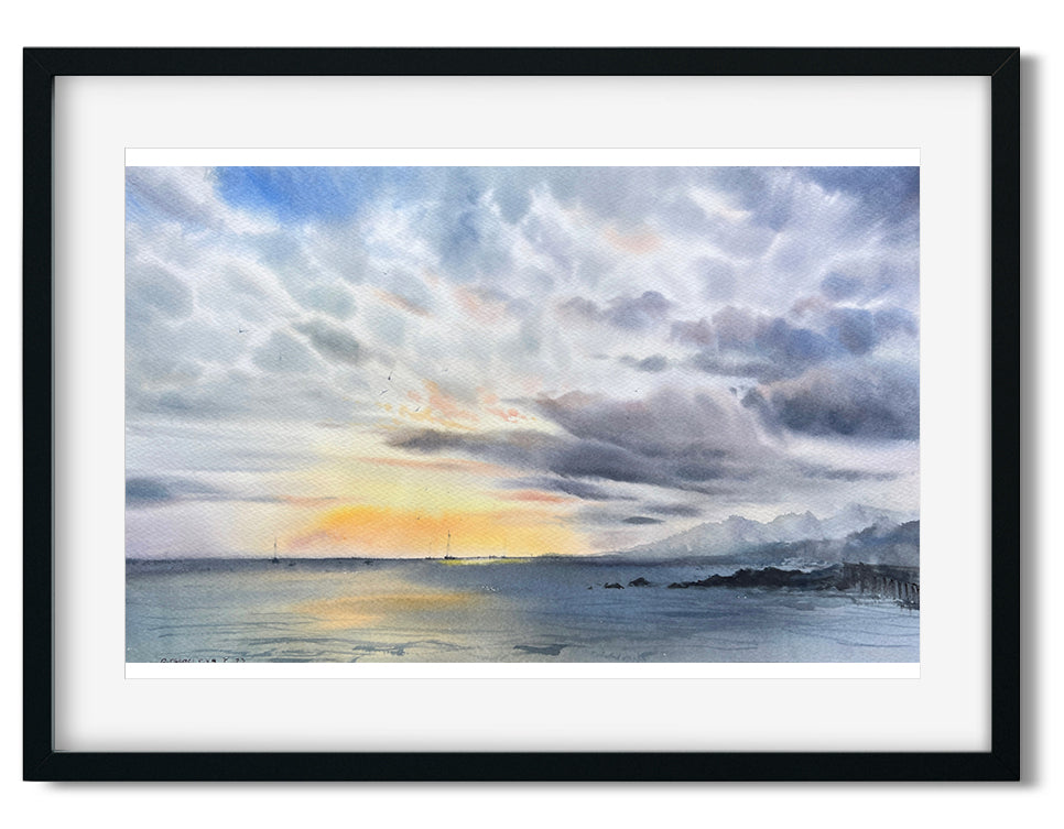 Ocean Original Watercolor, Cloud Painting, Horizontal Seascape, Minimalist Coastal Wall Art, Blue Beach House Decor