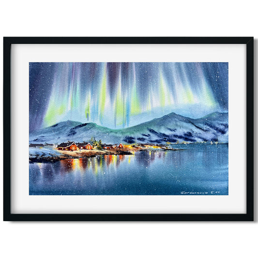 Scenic Watercolor Artwork: Northern Lights. Norway #5 with Red Houses and Bay Shore