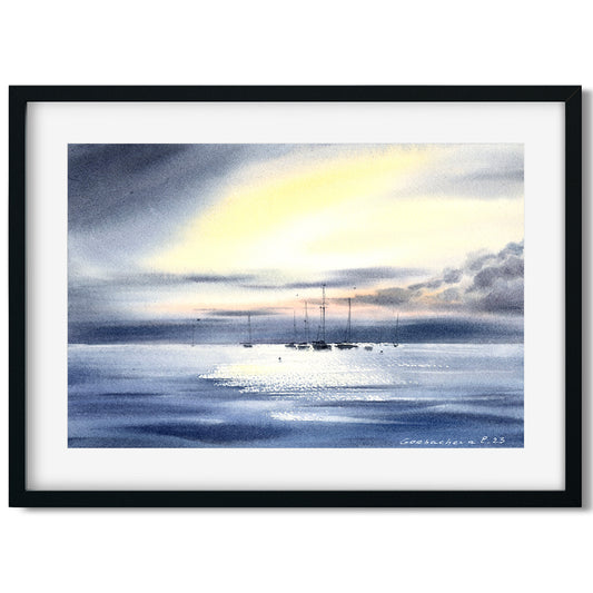 Nautical Painting - Original Watercolor - Yachts at sea at dawn #3