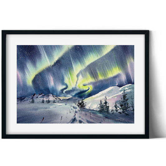 Aurora Painting Original, Watercolor Northern lights, Winter Landscape, Frozen Lake, Norway Wall Art, Christmas Gift