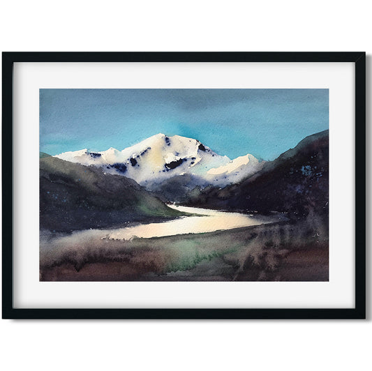 Small Mountain Painting Original Watercolor, Nature Wall Art, Scenery Landscape, Dark Valley, Unique gift, Snow Peak