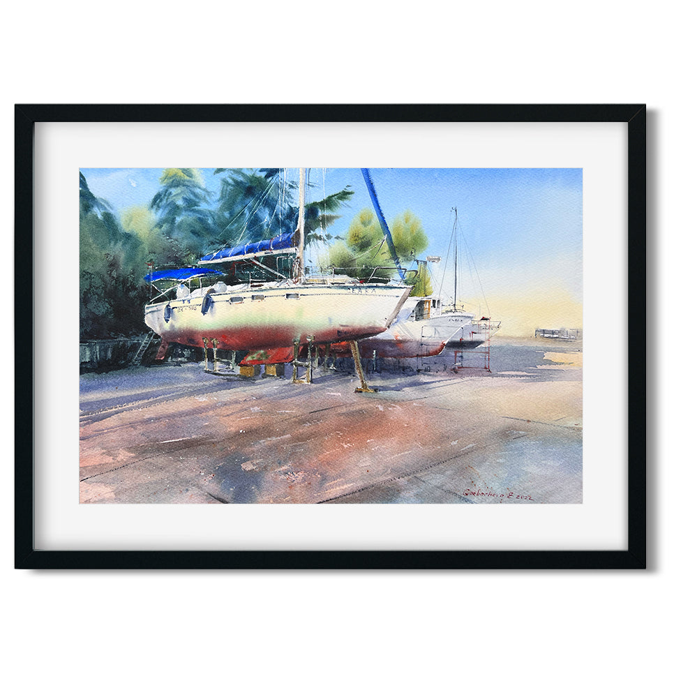 Marina Watercolor Painting Original, Sailing Art - "Yachts are Resting" - 15x22 in