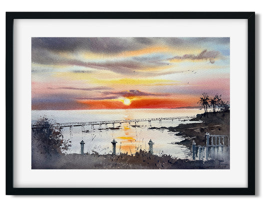 Ocean Sunset Painting, Marine Watercolor Original Artwork, Cyprus Seascape, Landscape, Bedroom Wall Art