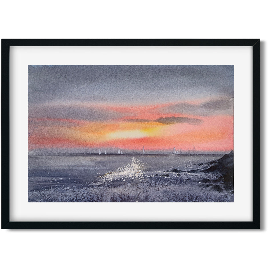 Seaview Sunset Small Painting, Beach Original Watercolor Art, Seascape Wall Art, Sky, Yachting, Grey, Gift For Dad